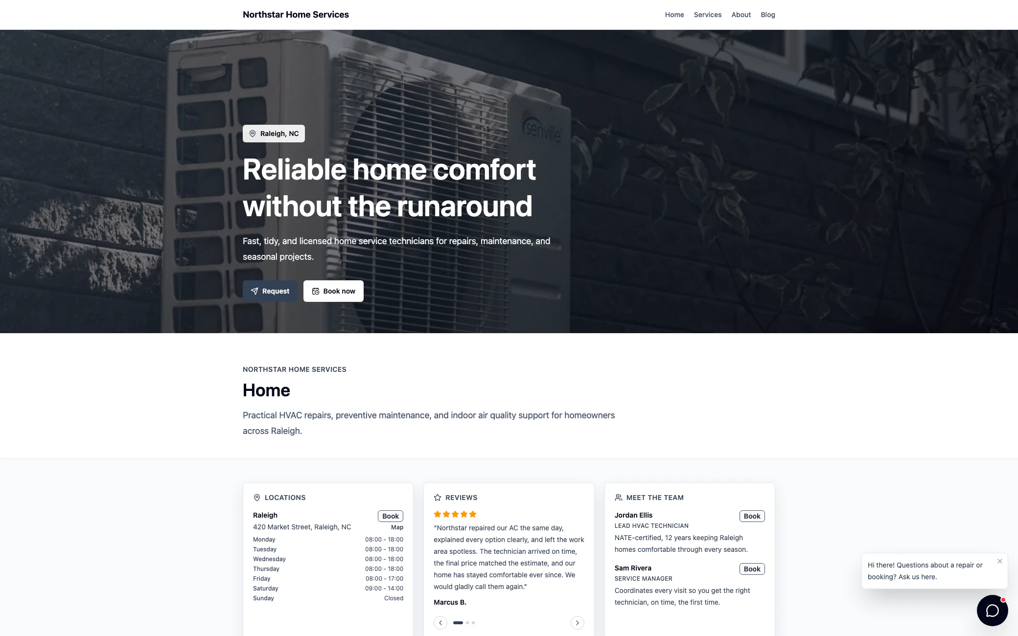 Northstar Home Services demo tenant homepage showing its hero, business hours, a customer review, team members, and chat greeting